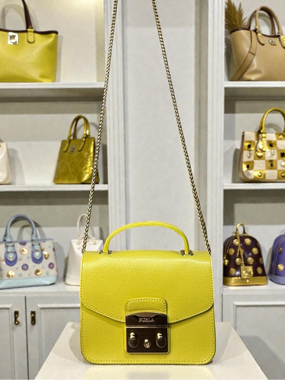 ✨ Furla Metropolis Mini Top Handle Crossbody Bag Neon Yellow Chartreuse EUC✨